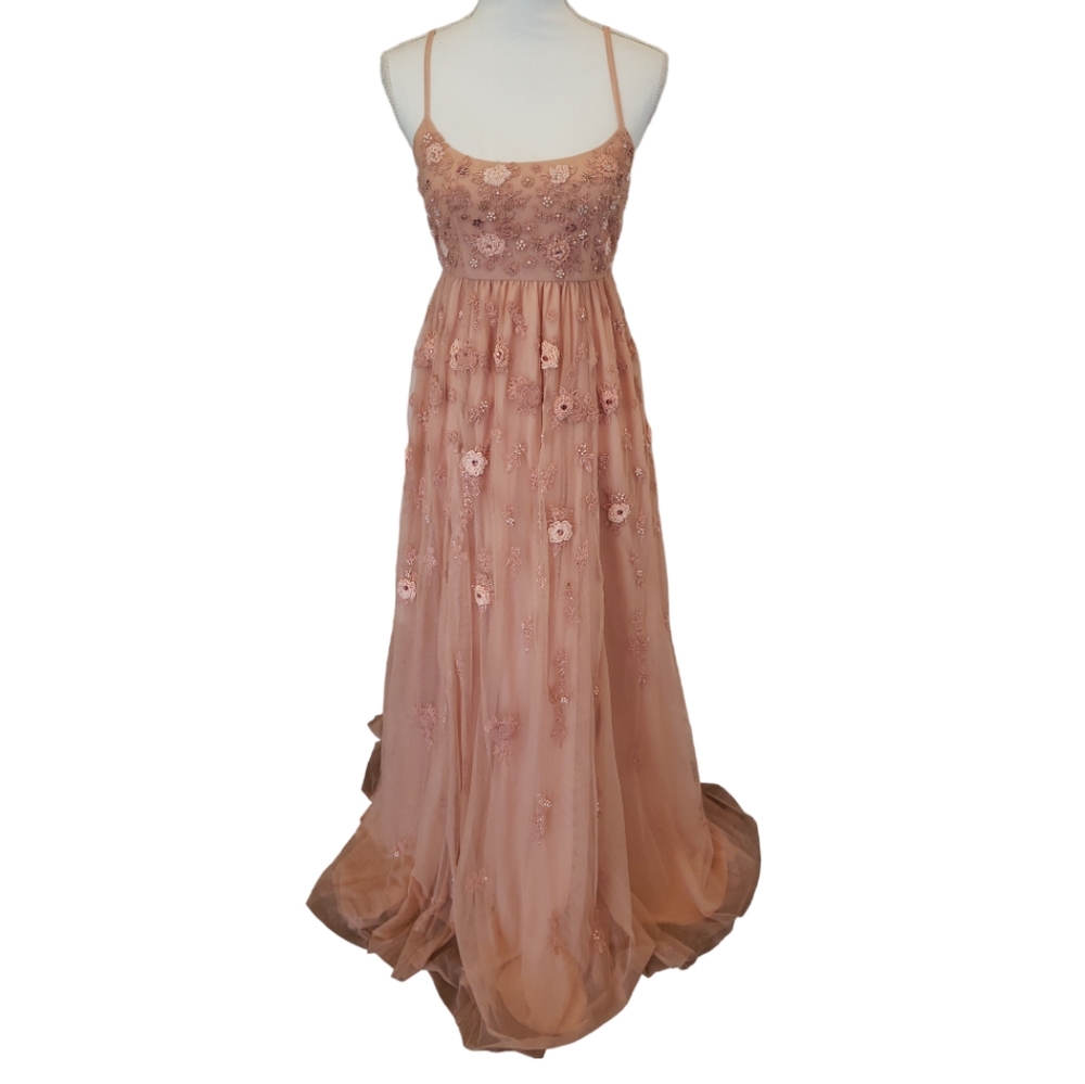 BHLDN Embroidered Beaded Gown Size 4 Dusty Rose Convertible Adjustable Straps